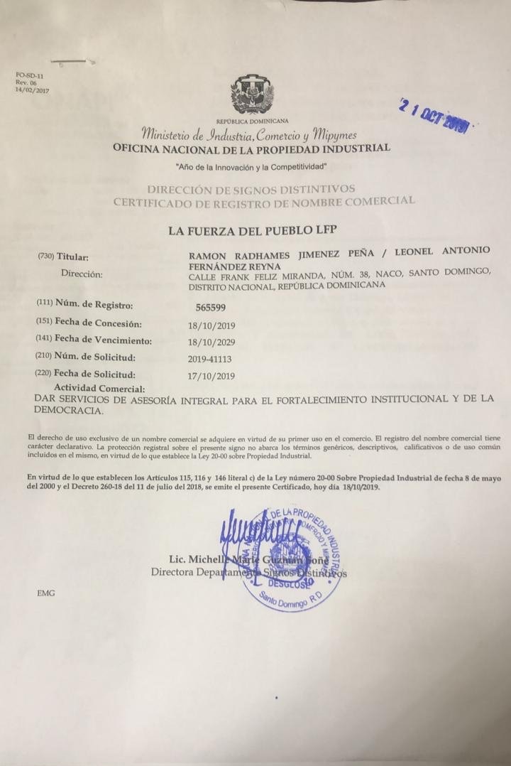 ONAPI acepta registro del nombre «La fuerza del pueblo LFP»